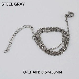 Close-up of steel color O-chain with lobster clasp and extension, size 0.5x450mm