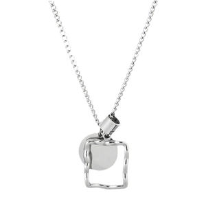 Minimalist silver stainless steel necklace featuring a square frame and round disc pendant