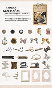 Macro display of 30 vintage sewing-themed decorative cardstock stickers for DIY journaling