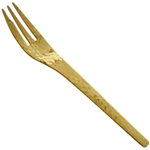 Japanese style golden stainless steel dessert fork with hammered texture on white background