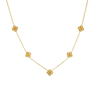 Elegante goldene Titankette mit fünf Kleeblatt-Anhängern und Pavé-Diamantbesatz