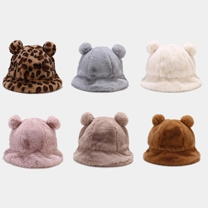 Women Cute Faux Rabbit Fur Bucket Hat With Double Fur Balls Bear Ears Thickened Warm Winter Plush Basin Hat Korean Style Cap