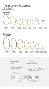 Detailed size chart for S925 sterling silver hoop earrings with various diameters and weights