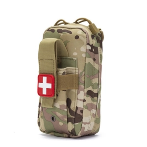 Side view of camouflage nylon tactical medical pouch with red cross patch and MOLLE webbing