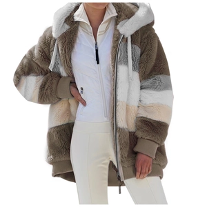 Detailed view of women's oversized color-block teddy fleece hooded jacket with zipper