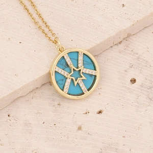 Golden star pendant necklace with turquoise stone and zircon inlay on stone base