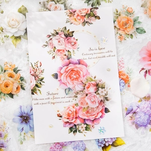 Floral PET tape with pink roses and golden pearls for scrapbooking and decoration
