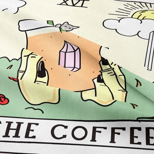 Detailed view of woven fabric texture with artistic tarot coffee printing illustration