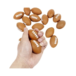 Mini brown PU foam stress footballs shown in hand for size and quality perspective