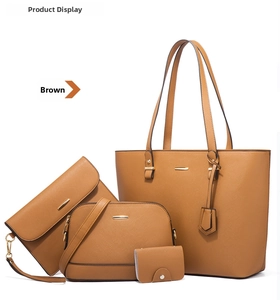 Brown 4-piece handbag set including large tote, crossbody, clutch, and card holder