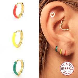 S925 sterling silver hoop earrings with colorful enamel and heart zircon studs