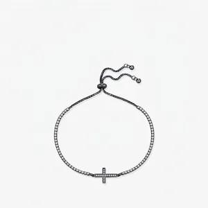 Cross Bracelet 925 Sterling Silver Cubic Zirconia Adjustable Bolo Chain Black Gothic Hip Hop Jewelry Unisex