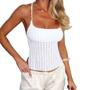 White halter top with textured vertical stripes and shell-beaded straps for a summer look