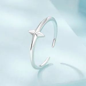 Minimalist S925 sterling silver open ring with a 3D four-pointed star cross design