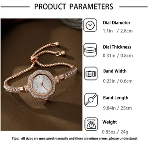 Detailed product parameters of rose gold ladies quartz watch with pearl and diamond band