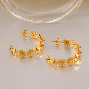 Boucles D'oreilles Créoles Fleur De Marguerite Acier Inoxydable Plaqué Or 18K Forme C Bijoux Floraux Femme