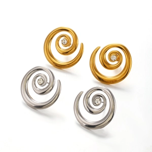 Modern spiral stud earrings in gold and silver finish with central sparkling rhinestones