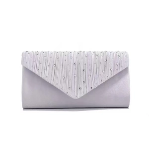 Elegant silver pleated satin evening clutch bag with rhinestone V-shaped flap