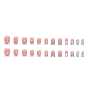 24pcs French tip press-on nails with light blue floral patterns and silver glitter accents