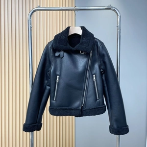 Damen Kunstleder Lammfell Jacke Motorrad Stil Vlies Gefüttert Revers Reißverschluss Kurzmantel Schwarz
