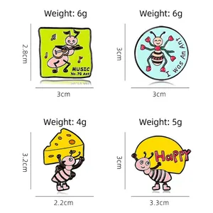 Cute cartoon ant enamel pin set of four featuring musical and cheese motifs