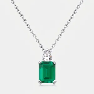 925 Sterling Silver Emerald Cut Lab-Created Emerald Pendant Necklace With Pear Shaped Zirconia Vintage Luxury Women Jewelry