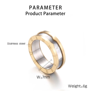 Gold stainless steel 7mm ring with white shell inlay and Roman numeral engravings