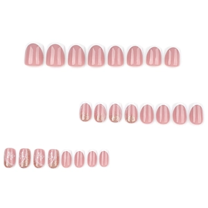 French tip press-on nails in pink with white butterflies and gold glitter accents