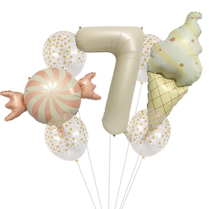 Detail set of ice cream and candy foil balloons with a number 7 for birthday party decor
