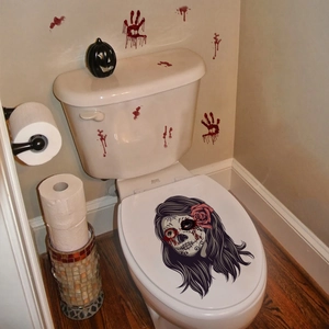 Spooky Halloween toilet lid sticker featuring skull lady with bloody eyes and red roses
