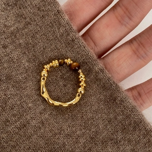 Vintage Tiger Eye Beaded Elastic Ring For Women Copper With 18K Gold Plating Retro Irregular Handmade Style Jewelry