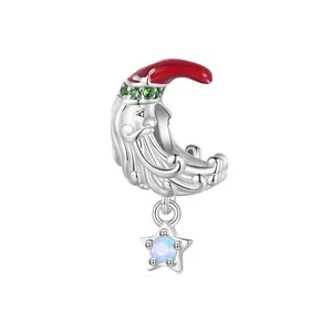 925 Sterling Silver Christmas Santa and Moon Charm with sparkling star pendant