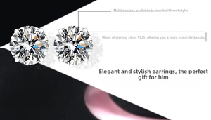 Close-up of S925 sterling silver studs with round brilliant-cut zircon in six-prong setting