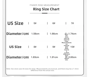 Detailed finger ring size guide showing US and HK measurements for 925 silver jewelry