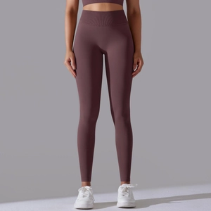 Dunkelburgunderfarbene nahtlose High-Waist-Yoga-Leggings mit breitem Ripp-Kompressionsbund