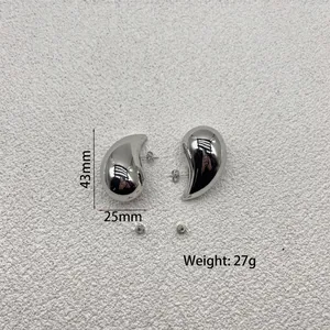 Detailed view of silver water drop earrings with 43mm height and 25mm width measurements