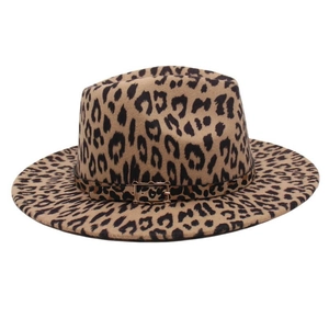 Detail of leopard print fedora with felt texture and metallic buckle belt