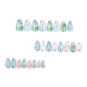 Floral almond false nails set with blue, green, and pink floral patterns and bead chains