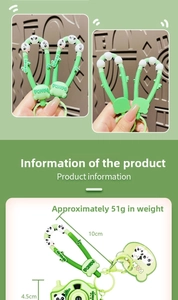 Detail view of Panda camera keychain with green silicone strap and size specifications