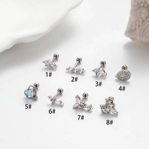 Set of eight stainless steel screw-back ear studs with clear and colorful zircon stones
