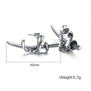 Silver punk sword stud earrings for men with 40mm blade design and polished finish