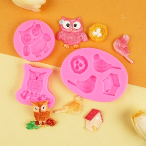 Pink silicone owl and bird nest fondant mold set for DIY cake topper crafts
