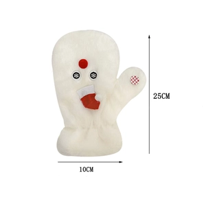 Close-up of plush snowman gloves with size 25cm by 10cm showing festive embroidery