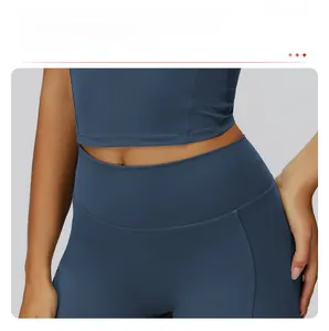 Detail of high waisted compression yoga shorts with tummy control and knit texture