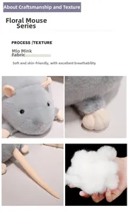Detail showing soft gray mouse plush fabric, pink ears, paws, and white cotton filling
