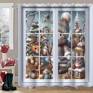 Detailed 3D Christmas shower curtain with snowman, teddy bear, and gifts in a cozy bathroom