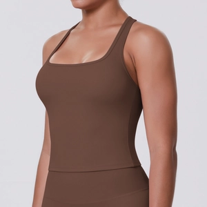 Detail of deep brown square neck sports tank top with smooth moisture-wicking fabric