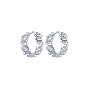 Macro detail of S925 sterling silver chain hoop earrings with a polished metal finish