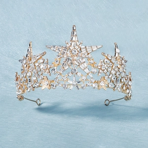 Luxurious gold star bridal crown featuring sparkling crystals for weddings and parties