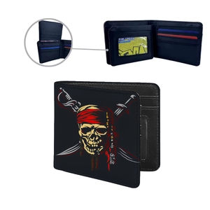 Men's bifold PU leather wallet featuring a pirate skull print and internal card slots